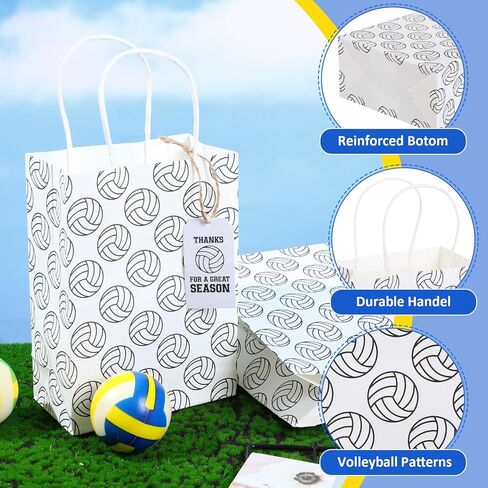 Kolldenn 12 Sets Volleyball Gift Paper Bags for Team with Thank You Tags Goody Treat Bag with Handle Kraft Candy Bags for Volleyball Team Player Theme Birthday Party Decorations in Saudi Arabia