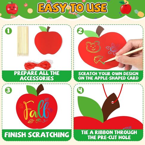 Qyeahkj 60 مجموعات Fall Red Apple Crية أطفال قوس قزح Magic Scratch Paper مع عصا خشبية Apple Apple Art Kit for Fall Party Decor in Saudi Arabia