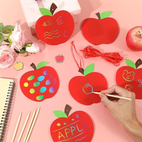 Qyeahkj 60 مجموعات Fall Red Apple Crية أطفال قوس قزح Magic Scratch Paper مع عصا خشبية Apple Apple Art Kit for Fall Party Decor in Saudi Arabia