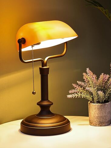 Traditional Banker's Desk Lamp with Glass Shade,Pull Chain Switch, LED Bulb Included (Antique Black+Matt Amber) in Saudi Arabia