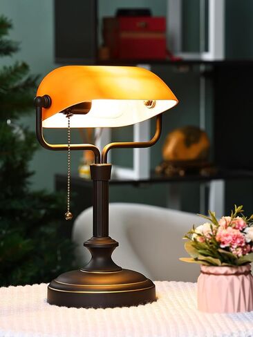 Traditional Banker's Desk Lamp with Glass Shade,Pull Chain Switch, LED Bulb Included (Antique Black+Matt Amber) in Saudi Arabia