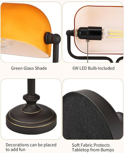 Traditional Banker's Desk Lamp with Glass Shade,Pull Chain Switch, LED Bulb Included (Antique Black+Matt Amber) in Saudi Arabia