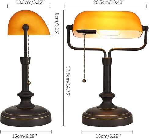 Traditional Banker's Desk Lamp with Glass Shade,Pull Chain Switch, LED Bulb Included (Antique Black+Matt Amber) in Saudi Arabia