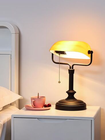 Traditional Banker's Desk Lamp with Glass Shade,Pull Chain Switch, LED Bulb Included (Antique Black+Matt Amber) in Saudi Arabia