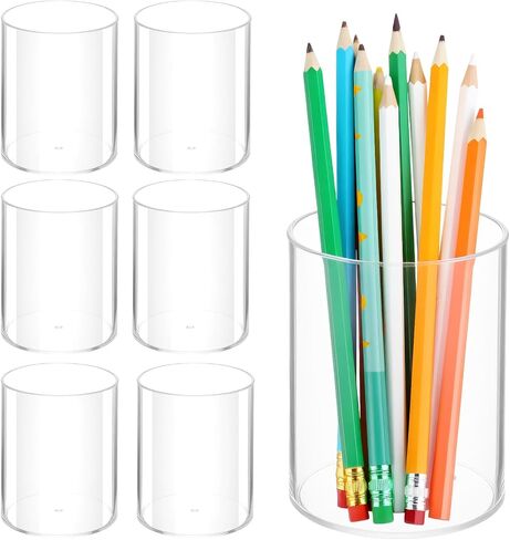 6 Pack Clear Plastic Pen Holder Cylinder Container, Round Pencil Holder for Desk Pen Cups for Utensil Makeup Brush, Clear Stationery Organizer for School Home Supplies Office Desk Accessories in Saudi Arabia