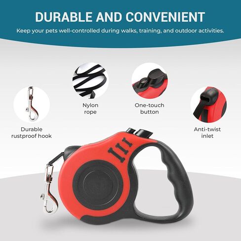 VibingVault Premium Retractable Dog Leash Rope - One Touch Control Dog Leashes with Adjustable Length and 360° Rotating Buckle - Dog Leash for Small to Medium Pets (Up to 22/33 lbs) - 10 FEET, Pink in Kuwait