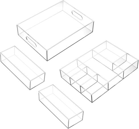 4 Pack Desk Drawer Organizer Set 3 Size Clear Acrylic Drawer Organizer Trays and Storage Dividers Office Accessories for Pen Makeup Silverware Office Bathroom in Saudi Arabia