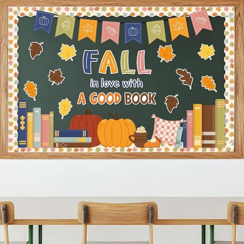 Fall Reading Bulletin Board Set Boho Autumn Library Book Classroom Decorations Pumpkin Maple Leaves Cutouts for Thanksgiving School Chalkboard Wall Door Decor in Saudi Arabia