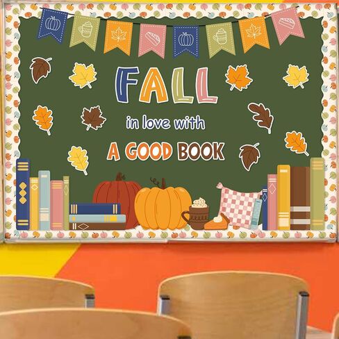 Fall Reading Bulletin Board Set Boho Autumn Library Book Classroom Decorations Pumpkin Maple Leaves Cutouts for Thanksgiving School Chalkboard Wall Door Decor in Saudi Arabia