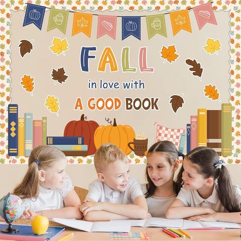 Fall Reading Bulletin Board Set Boho Autumn Library Book Classroom Decorations Pumpkin Maple Leaves Cutouts for Thanksgiving School Chalkboard Wall Door Decor in Saudi Arabia