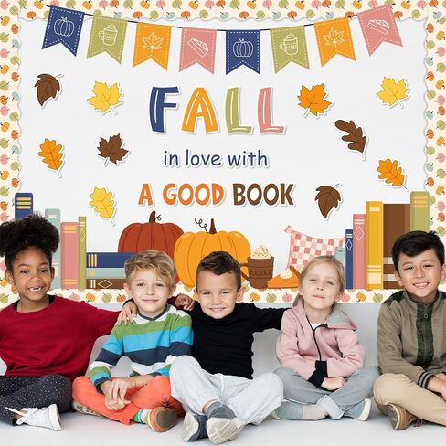 Fall Reading Bulletin Board Set Boho Autumn Library Book Classroom Decorations Pumpkin Maple Leaves Cutouts for Thanksgiving School Chalkboard Wall Door Decor in Saudi Arabia