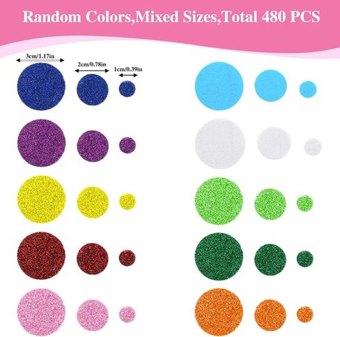 480 Pcs Round Foam Stickers, Colorful Glitter Self-Adhesive Round Dot Decals Foam Shapes Stickers Mini Glitter Wall Sticker Craft Supplies for Kids Craft, Scrapbooks, Greeting Cards, Home Decor in Saudi Arabia