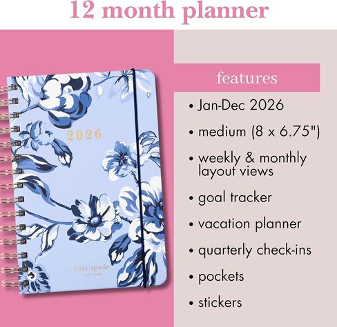 Kate Spade New York Daily Planner 2026 أجندة متوسطة يناير إلى ديسمبر 2026 ، مخطط دوامة أسبوعيًا وشهريًا مع ملصقات (زهرية) in Saudi Arabia
