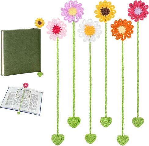 6Pcs Crochet Flower Bookmarks, Personalized Handmade Bookmark for Women Book Lovers Sunflower Daisy Floral Book Marker Knitted Page Holder in Saudi Arabia