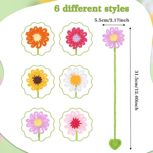 6Pcs Crochet Flower Bookmarks, Personalized Handmade Bookmark for Women Book Lovers Sunflower Daisy Floral Book Marker Knitted Page Holder in Saudi Arabia