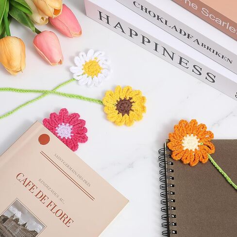 6Pcs Crochet Flower Bookmarks, Personalized Handmade Bookmark for Women Book Lovers Sunflower Daisy Floral Book Marker Knitted Page Holder in Saudi Arabia