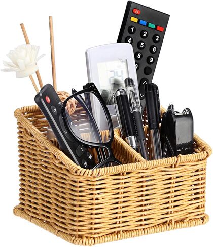 BTSKY 3 Slots Natural Woven Remote Control Holder for Desk Rattan Media TV Caddy Storage Holder Office Supply Storage Rack Desk Accessories Organizer For Living Room Bedroom Countertop, Dark Brown in Saudi Arabia