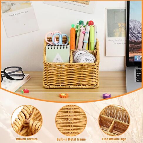 BTSKY 3 Slots Natural Woven Remote Control Holder for Desk Rattan Media TV Caddy Storage Holder Office Supply Storage Rack Desk Accessories Organizer For Living Room Bedroom Countertop, Dark Brown in Saudi Arabia
