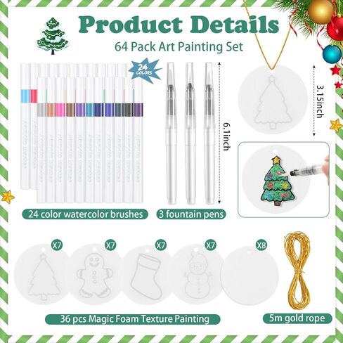AmazingSpark 64 Pcs Christmas Magic Foam Texture Painting Kit 36 Pcs Foam Texture Paper 24 Colors Markers 3D Effect DIY Blank Christmas Tree Ornaments to Paint for Crafts Home Hanging (Classic) in Saudi Arabia