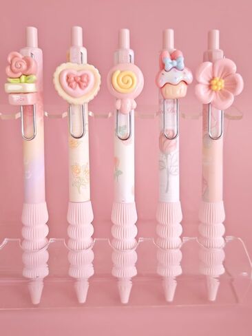 6 PCS Adorable rabbit Pens Novelty strawberry Pens Cartoon Retractable gel Pen Roller ball Black Ink For School Supplies Office Party (food) in Saudi Arabia