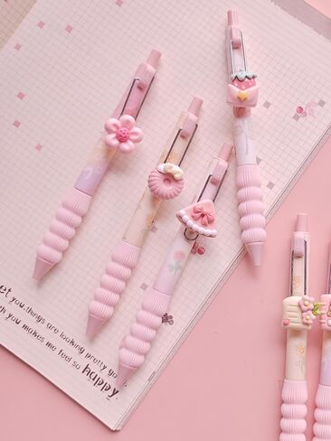 6 PCS Adorable rabbit Pens Novelty strawberry Pens Cartoon Retractable gel Pen Roller ball Black Ink For School Supplies Office Party (food) in Saudi Arabia