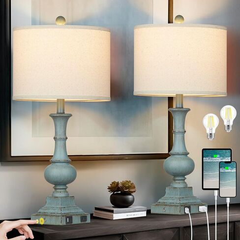 26" Farmhouse Table Lamps Set of 2, Rustic Touch Control Bedside Lamps with 2 USB Ports & AC Outlet, Vintage White Resin 3-Way Dimmable Nightstand Lamp Linen Fabric Shade for Living Room Bedroom Decor in Saudi Arabia
