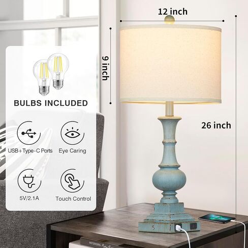 26" Farmhouse Table Lamps Set of 2, Rustic Touch Control Bedside Lamps with 2 USB Ports & AC Outlet, Vintage White Resin 3-Way Dimmable Nightstand Lamp Linen Fabric Shade for Living Room Bedroom Decor in Saudi Arabia