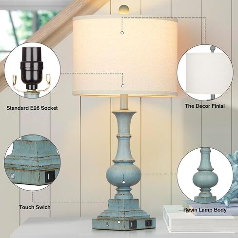 26" Farmhouse Table Lamps Set of 2, Rustic Touch Control Bedside Lamps with 2 USB Ports & AC Outlet, Vintage White Resin 3-Way Dimmable Nightstand Lamp Linen Fabric Shade for Living Room Bedroom Decor in Saudi Arabia
