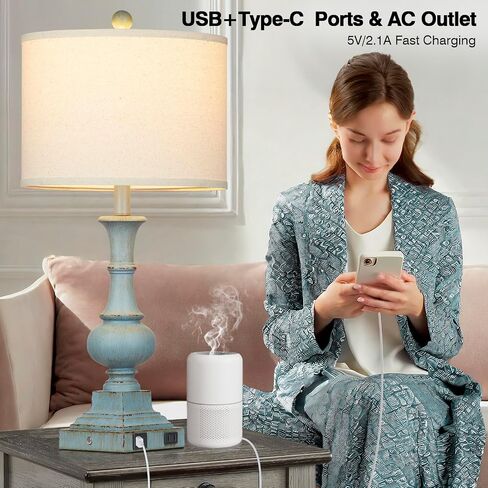 26" Farmhouse Table Lamps Set of 2, Rustic Touch Control Bedside Lamps with 2 USB Ports & AC Outlet, Vintage White Resin 3-Way Dimmable Nightstand Lamp Linen Fabric Shade for Living Room Bedroom Decor in Saudi Arabia