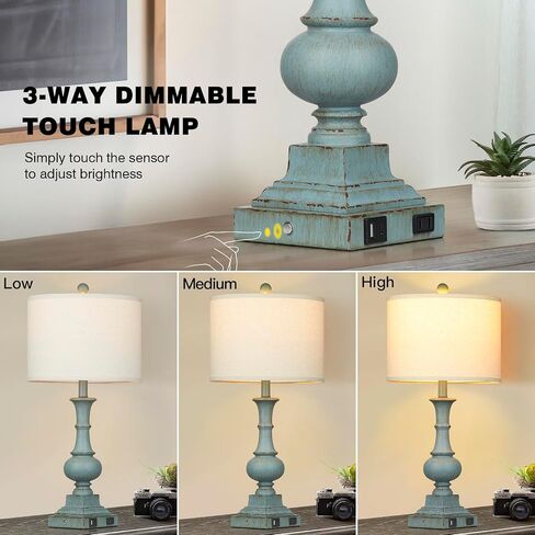 26" Farmhouse Table Lamps Set of 2, Rustic Touch Control Bedside Lamps with 2 USB Ports & AC Outlet, Vintage White Resin 3-Way Dimmable Nightstand Lamp Linen Fabric Shade for Living Room Bedroom Decor in Saudi Arabia