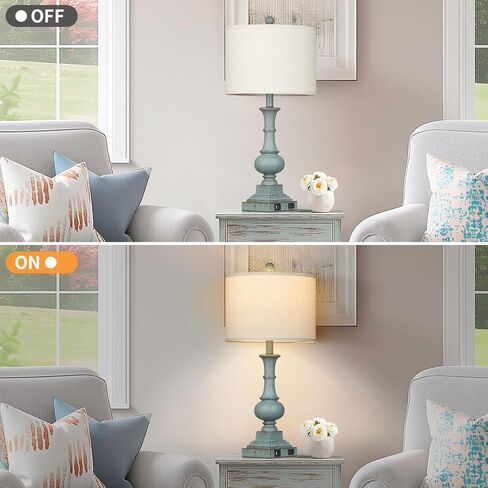 26" Farmhouse Table Lamps Set of 2, Rustic Touch Control Bedside Lamps with 2 USB Ports & AC Outlet, Vintage White Resin 3-Way Dimmable Nightstand Lamp Linen Fabric Shade for Living Room Bedroom Decor in Saudi Arabia