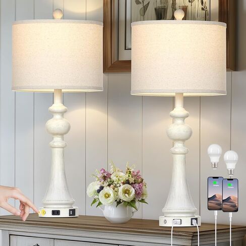 مصابيح طاولة المزرعة مجموعة من 2 ، 26 "خمر اللمس الريفي التحكم 3-way قابلة ل dimmable مصباح مع USB A+C منفذ و AC ، مصباح منضدة اللون الأزرق لمطاولة غرفة نوم غرفة المعيشة (شملت مصابيح LED) in Kuwait