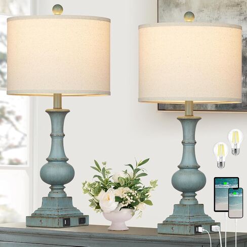 26" Farmhouse Table Lamps Set of 2, Rustic Touch Control Bedside Lamps with 2 USB Ports & AC Outlet, Vintage White Resin 3-Way Dimmable Nightstand Lamp Linen Fabric Shade for Living Room Bedroom Decor in Saudi Arabia