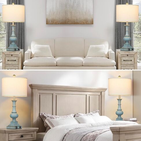 26" Farmhouse Table Lamps Set of 2, Rustic Touch Control Bedside Lamps with 2 USB Ports & AC Outlet, Vintage White Resin 3-Way Dimmable Nightstand Lamp Linen Fabric Shade for Living Room Bedroom Decor in Saudi Arabia