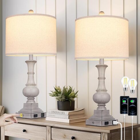 مصابيح طاولة المزرعة مجموعة من 2 ، 26 "خمر اللمس الريفي التحكم 3-way قابلة ل dimmable مصباح مع USB A+C منفذ و AC ، مصباح منضدة اللون الأزرق لمطاولة غرفة نوم غرفة المعيشة (شملت مصابيح LED) in Kuwait
