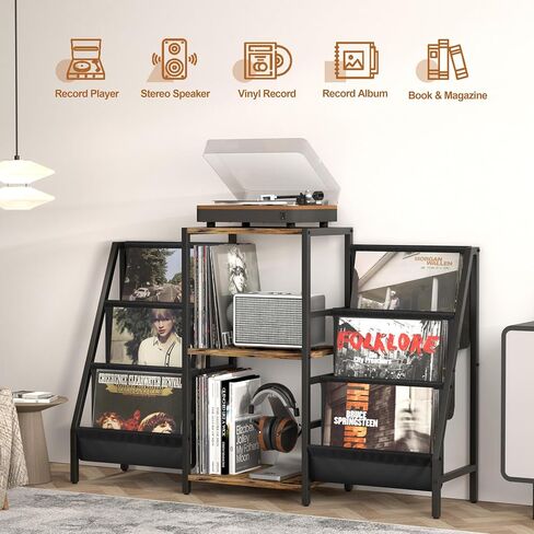 Tewinko Record Player Stand with Vinyl Storage Cart, Record Player Table with Record Storage 200 Albums, Turntable Stand with Record Holder Vinyl Display Shelf, Record Cabinet Media Stereo in Kuwait