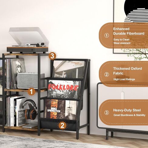 Tewinko Record Player Stand with Vinyl Storage Cart, Record Player Table with Record Storage 200 Albums, Turntable Stand with Record Holder Vinyl Display Shelf, Record Cabinet Media Stereo in Kuwait