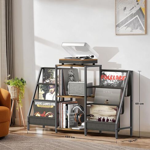 Tewinko Record Player Stand with Vinyl Storage Cart, Record Player Table with Record Storage 200 Albums, Turntable Stand with Record Holder Vinyl Display Shelf, Record Cabinet Media Stereo in Kuwait