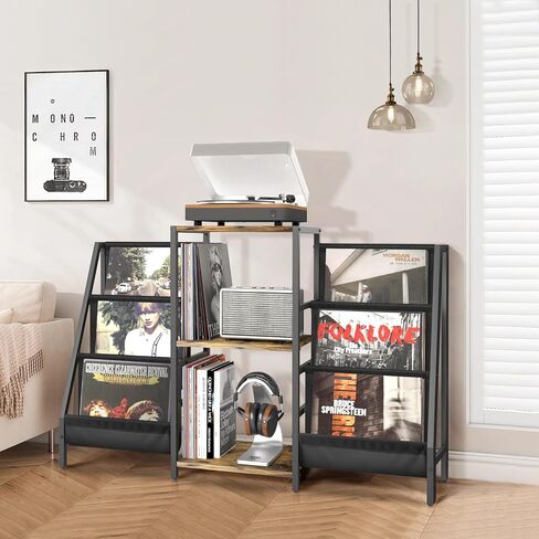 Tewinko Record Player Stand with Vinyl Storage Cart, Record Player Table with Record Storage 200 Albums, Turntable Stand with Record Holder Vinyl Display Shelf, Record Cabinet Media Stereo in Kuwait