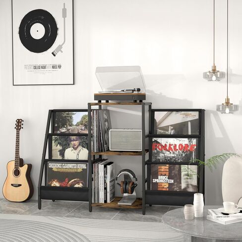 Tewinko Record Player Stand with Vinyl Storage Cart, Record Player Table with Record Storage 200 Albums, Turntable Stand with Record Holder Vinyl Display Shelf, Record Cabinet Media Stereo in Kuwait