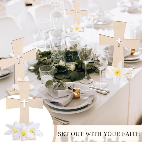 24 Sets Wooden Cross for Crafts Unfinished Wooden Cross Bulk with Base Baptism Centerpiece Standing for DIY Table First Communion 72 Pcs Lily Flowers Centros De Mesa Para Bautizo for Church in Saudi Arabia