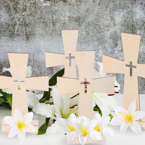 24 Sets Wooden Cross for Crafts Unfinished Wooden Cross Bulk with Base Baptism Centerpiece Standing for DIY Table First Communion 72 Pcs Lily Flowers Centros De Mesa Para Bautizo for Church in Saudi Arabia