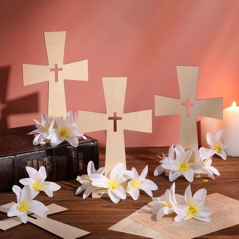 24 Sets Wooden Cross for Crafts Unfinished Wooden Cross Bulk with Base Baptism Centerpiece Standing for DIY Table First Communion 72 Pcs Lily Flowers Centros De Mesa Para Bautizo for Church in Saudi Arabia