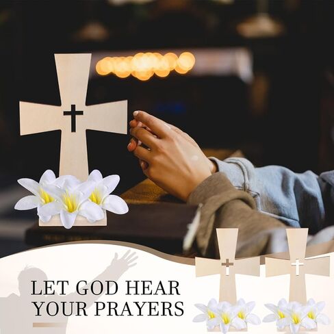24 Sets Wooden Cross for Crafts Unfinished Wooden Cross Bulk with Base Baptism Centerpiece Standing for DIY Table First Communion 72 Pcs Lily Flowers Centros De Mesa Para Bautizo for Church in Saudi Arabia