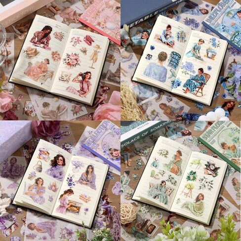 4 Book for Girls Scrapbooking Stickers Pre-Cut 480 washi Stickers PET People Sticker Books for journaling Scrapbook Supplies Transparent Sticker for journaling in Kuwait