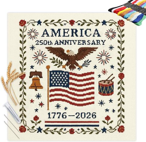 Us 250th Anniversary Cross Stitch Kit,DIY Needlepoint Starter Embroidery Patterns, Personalized Patriotic Cross Stitch Kits for Beginners, Patriotic Gift for Friends, Home Wall Decor (StyleB) in Saudi Arabia
