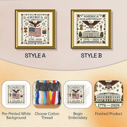 Us 250th Anniversary Cross Stitch Kit,DIY Needlepoint Starter Embroidery Patterns, Personalized Patriotic Cross Stitch Kits for Beginners, Patriotic Gift for Friends, Home Wall Decor (StyleB) in Saudi Arabia