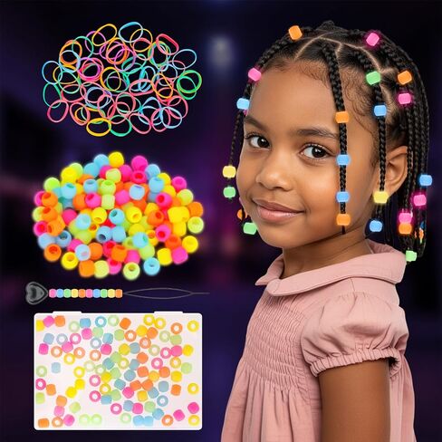 Funisfun Silicone Hair Beads Glow في Dark 100pcs حبات المهر الناعمة لضفائر ملحقات الشعر اللطيفة للأطفال حفلات الشعر اليومية (Small-100p) in Kuwait