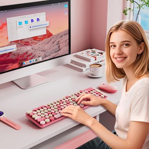 Wireless Keyboard and Mouse, Silent Keyboard Mouse Combo, Full-Sized Colorful Typewriter Keyboard with Round Keycaps, 2.4G Cute Mouse Compatible with PC/Laptop/Computer(Rose Pink) in Saudi Arabia