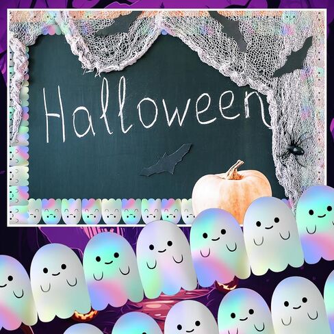 4 Rolls Halloween Ghost Bulletin Board Border Decoration Deholographic Ghost Die Cut Trim Border Roll for Halloween School Class -Chalkboard Decoration ، Total 98.5 Ft 4 Designs in Saudi Arabia